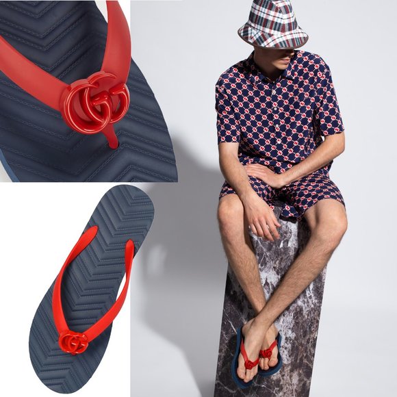 GUCCI SHOES MENS CHEVRON THONG SANDALS BLUE RUBBER FLIP FLOPS sz 9G US 9.5 - Picture 1 of 16